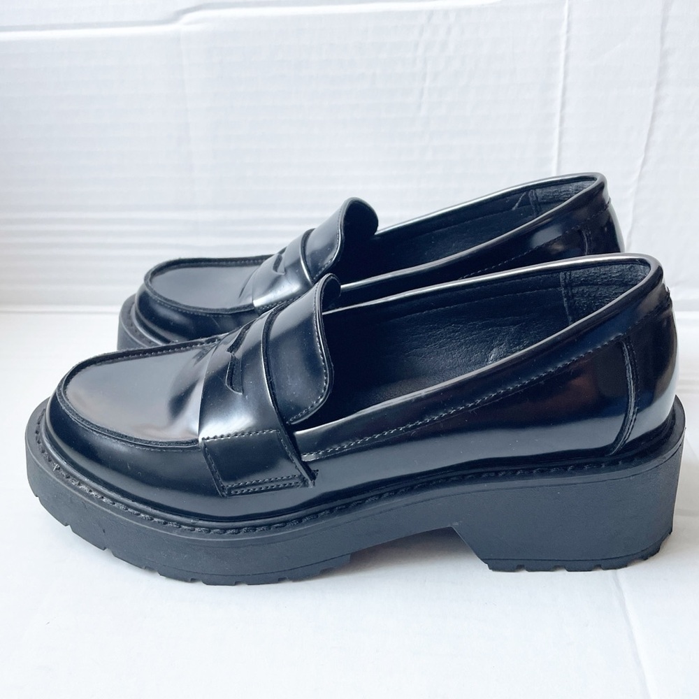 Madden Girl Black Patent Faux Leather Heather Loafers Casual Chunky Heel 6.5